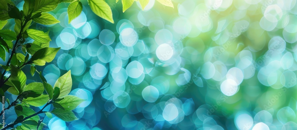 Poster blurry abstract summer background featuring blue and green hues with bokeh effect, ideal as cover pa