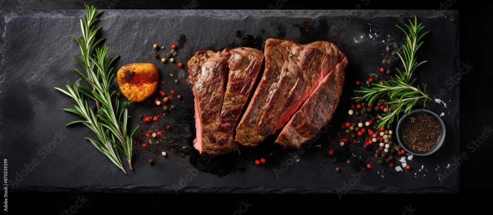 Leinwandbilder Top view of sliced grilled Onglet Hanging Tender steak displayed on a marble board against a black background with empty space for text or images. with copy space image