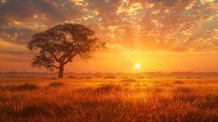 Beautiful sunset over a golden field with a lone tree, under a dramatic sky filled with colorful clouds, capturing serene natural beauty.