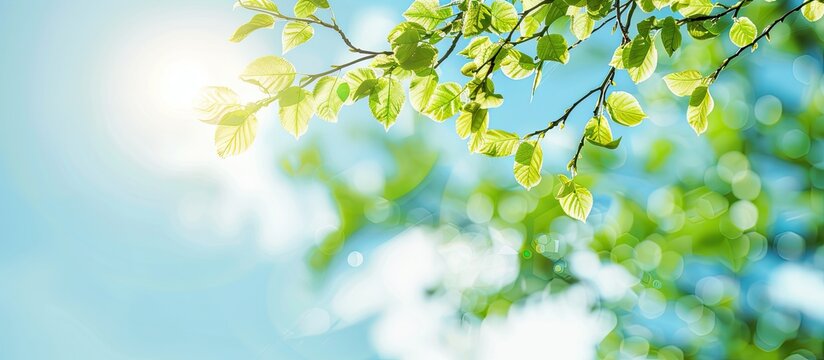 A tree branch covered in green leaves against a sunny blue sky, creating a summer-themed background with abundant copy space image.