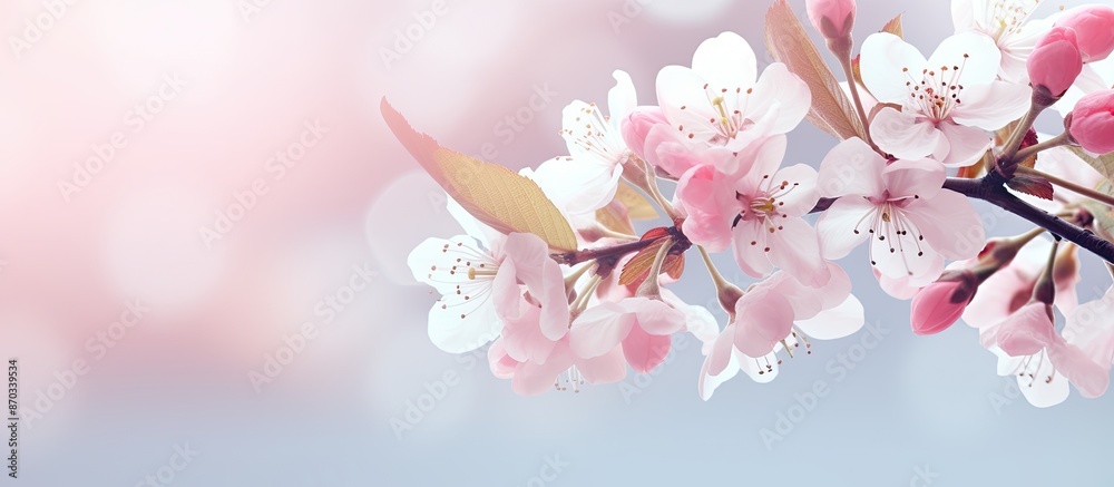 Aufkleber close-up view of blossoming apple tree flowers against a blurred backdrop, with room for copy space 