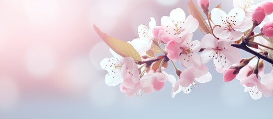 Close-up view of blossoming apple tree flowers against a blurred backdrop, with room for copy space image