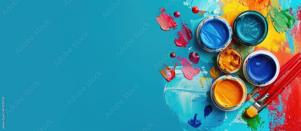 Poster cans of paints and painter's supplies on color background. with copy space image. place for adding t