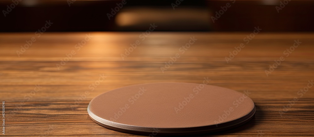 Poster beverage coaster in light brown shade placed on a dark brown table creating copy space image.