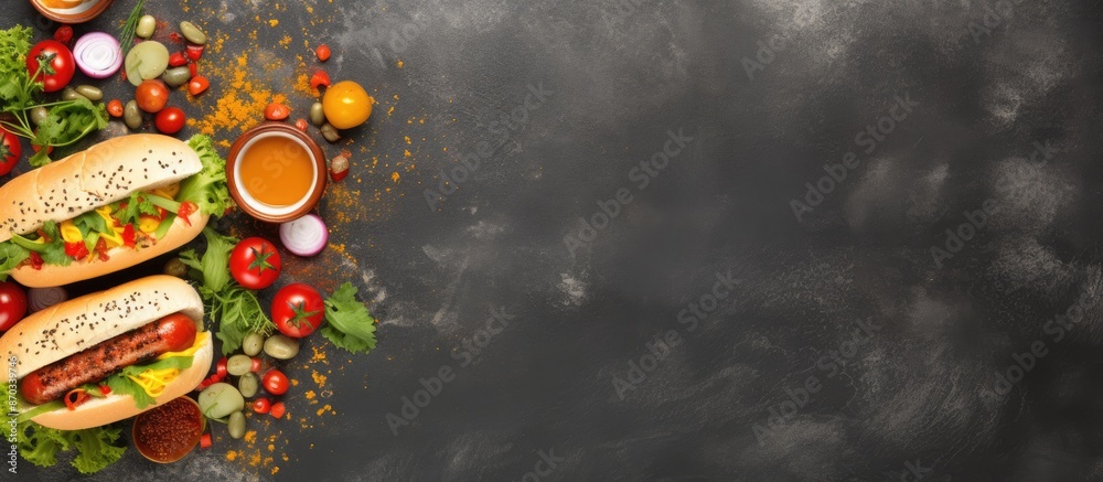 Poster Top view of a selection of hot dogs topped with fresh vegetables and condiments on a textured stone surface with empty space for text or graphics. with copy space image