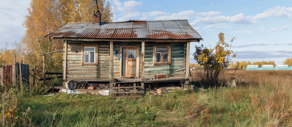 Aufkleber soviet bearing-wall house in siberia. with copy space image. place for adding text or design