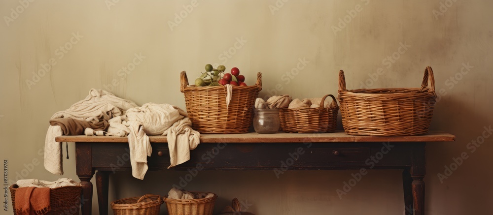 Aufkleber Homey scene with a basket of freshly laundered clothes on a table, ideal for adding text; includes copy space image.