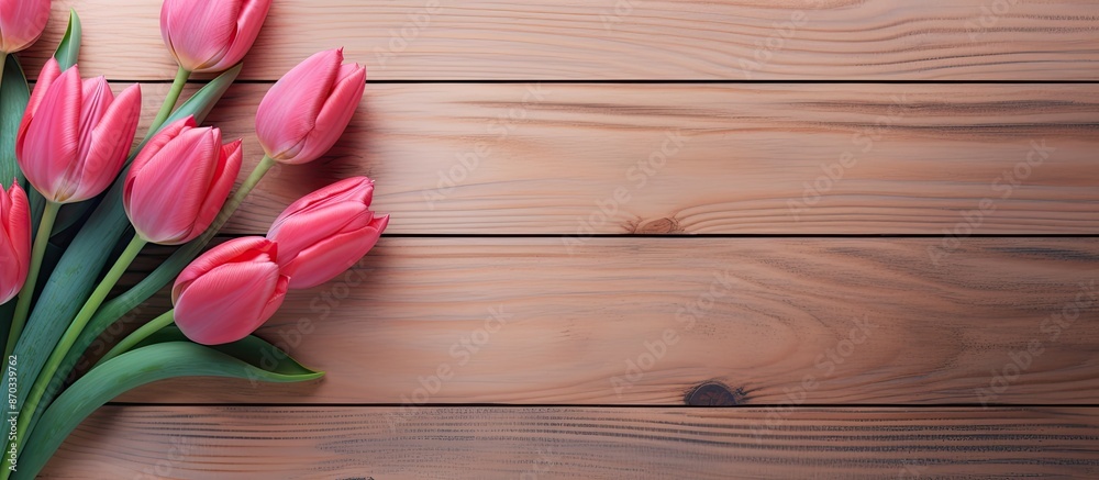 Aufkleber spring flat lay concept with a vibrant tulip on a contemporary wooden backdrop, presenting copy spac