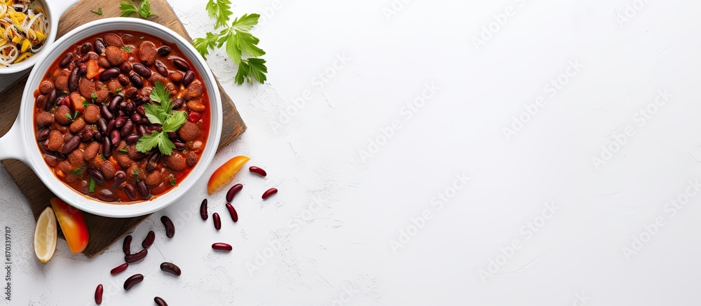 Poster top view of chili beans on a white table with copy space image, featuring a homemade stewed vegan re