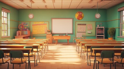 School classroom without young student. View of elementary class room no kid or teacher with chairs and tables in campus.