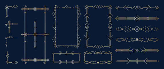 Collection of geometric art deco ornament. Luxury golden decorative element with different line, frame, headers, dividers, borders, gatsby. Set of elegant design suitable for card, invitation, poster.