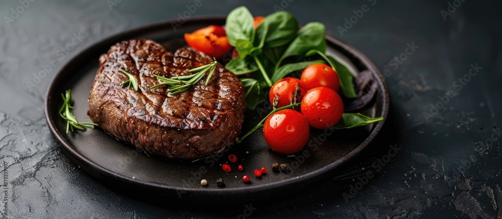 Leinwandbilder beef steak with vegetables displayed on a black plate against a dark backdrop, creating a striking c