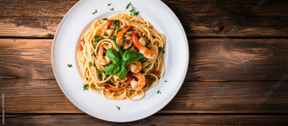 Poster top-down view of tasty shrimp and herb spaghetti on a white plate over a rustic wooden surface, with