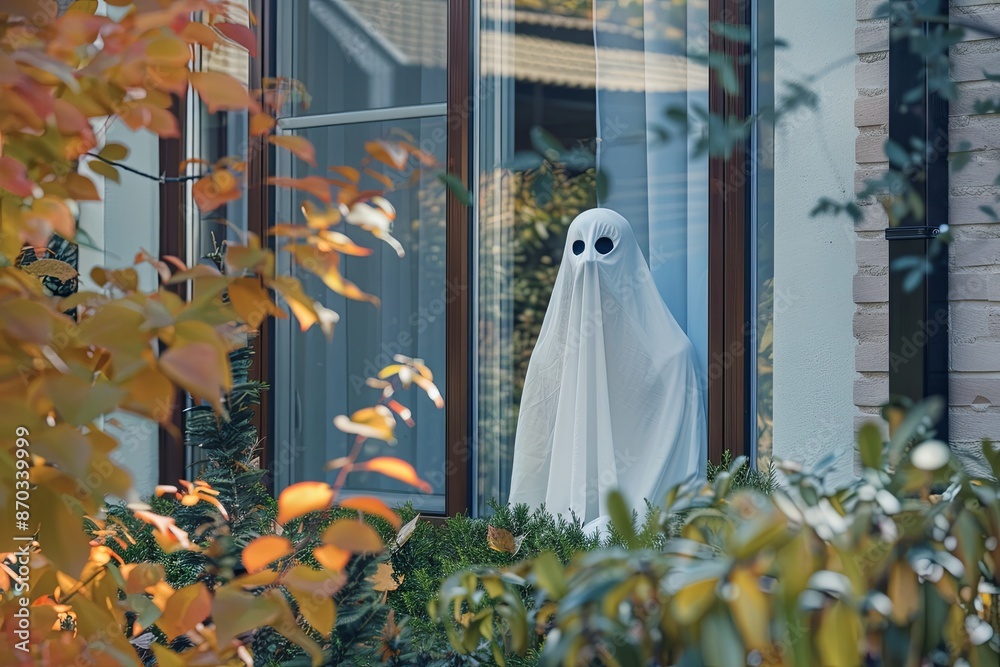 Wall mural A spooky ghost wearing white sheet is seen standing in front of the window