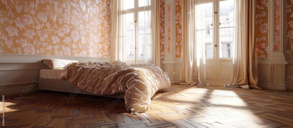 Poster fascinating design of the bedroom with a soft bed and parquet floor. with copy space image. place fo