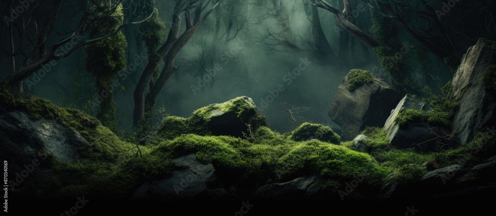 Aufkleber dark forest background with green moss creates a captivating backdrop for product displays, offering