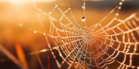 Dewdrops on a Spider Web at Sunset