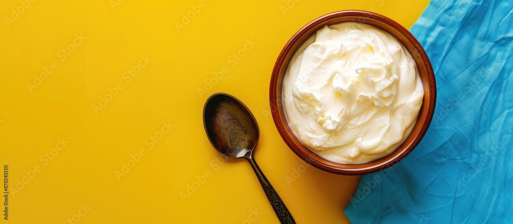 Aufkleber greek yogurt in a brown bowl placed near a spoon on a blue tablecloth against a yellow backdrop. the