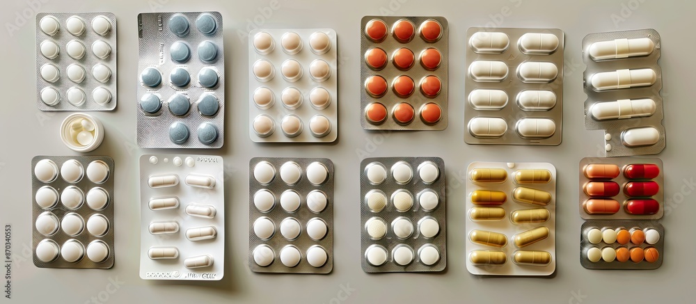 Aufkleber image displaying a variety of pills in blister packs showcasing how medicines are stored at home, il