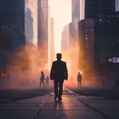 Mysterious Morning Businessman in Foggy City Street