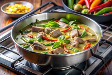 Beef Green Curry in a frying pan on Contemporary tempered glass gas stove hob with Two burners