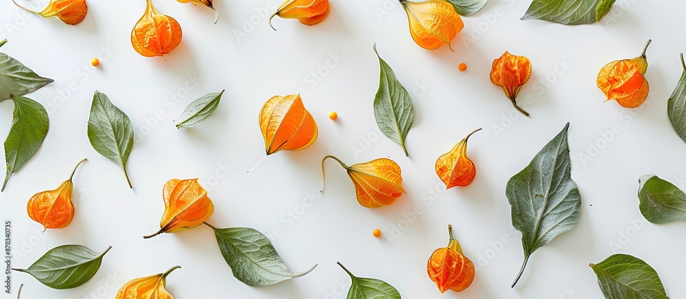 Poster Physalis with leaves on white background, offering copy space image. View from above in a flat lay pattern.