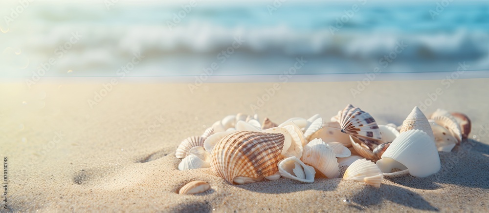 Poster Close-up of shells on the sandy beach with copy space image.