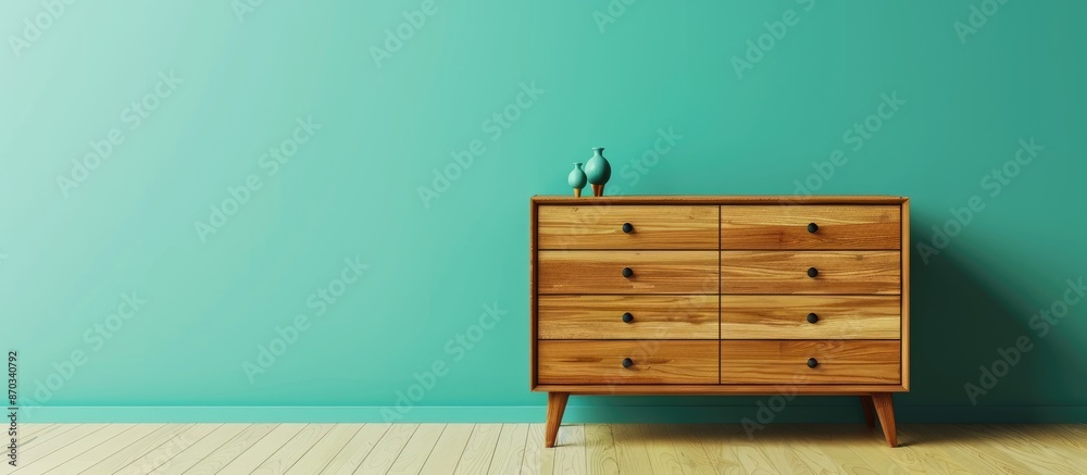 Poster wooden dresser isolated on pastel background. render. with copy space image. place for adding text o