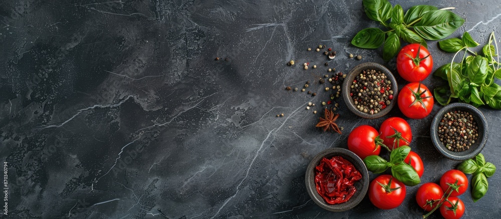 Fototapete cooking concept with tomatoes, basil, and spices arranged on a stone table in a top view shot with c