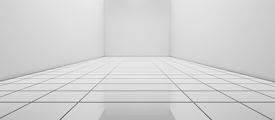 Empty room with raise floor or access floor or table floor with grid line clean new and symmetry in perspective view, Perspective straight grid line of floor material in white color background