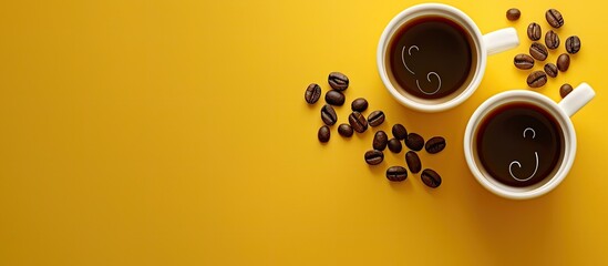 Obraz premium On a yellow background, two cups of coffee and a coffee bean emoticon create a lively scene with room for text and a copy space image.