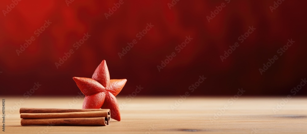 Poster A white star and a cinnamon stick rest on a wooden table with copy space image available.