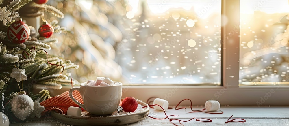 Poster morning christmas coffee with marshmallows and christmas decorations on a tray table by the window o