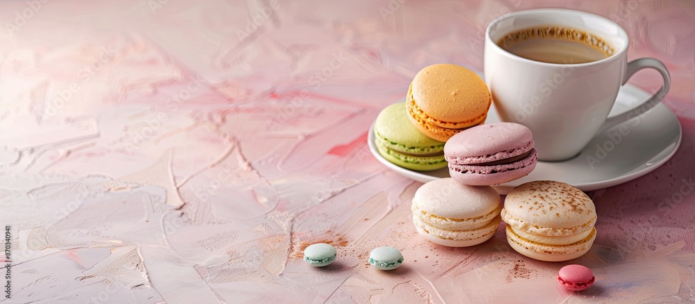 Poster Colorful macarons and a happy cup on a light background create a romantic scene with copy space. Ideal for a sweet coffee break, symbolizing love and relationships.