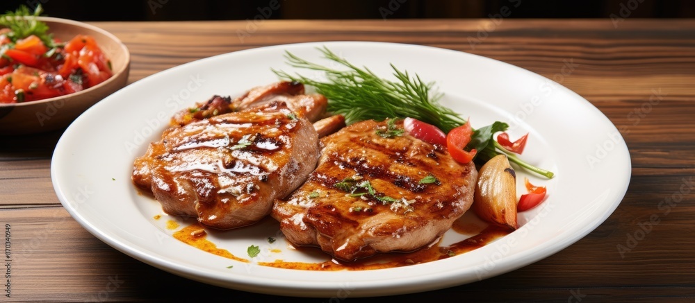 Aufkleber Spicy Pork and Chicken Steaks displayed on a white plate on a wooden table with a clear area for additional image or text.