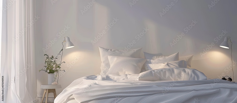 Poster white comfortable pillow and blanket on bed with light lamp decoration interior of bedroom. with cop