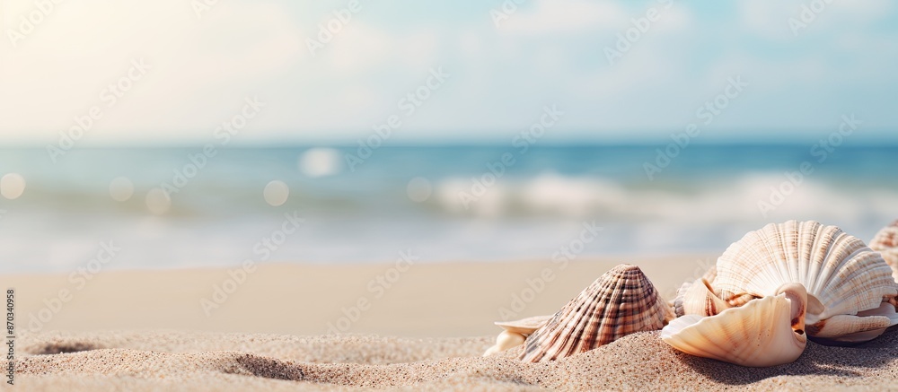 Poster Close-up of shells on the sandy beach with copy space image.