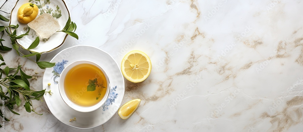 Aufkleber top-down view of a white marble table featuring a ginger tea cup garnished with lemon, mint, and hon