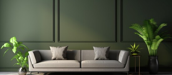 An elegant living room setup featuring contemporary furnishing like a modern sofa, stylish cushions, green plants in a metal pot, and artistic personal adornments against a backdrop of a eucalyptus