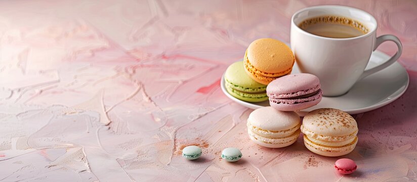 Colorful macarons and a happy cup on a light background create a romantic scene with copy space. Ideal for a sweet coffee break, symbolizing love and relationships.
