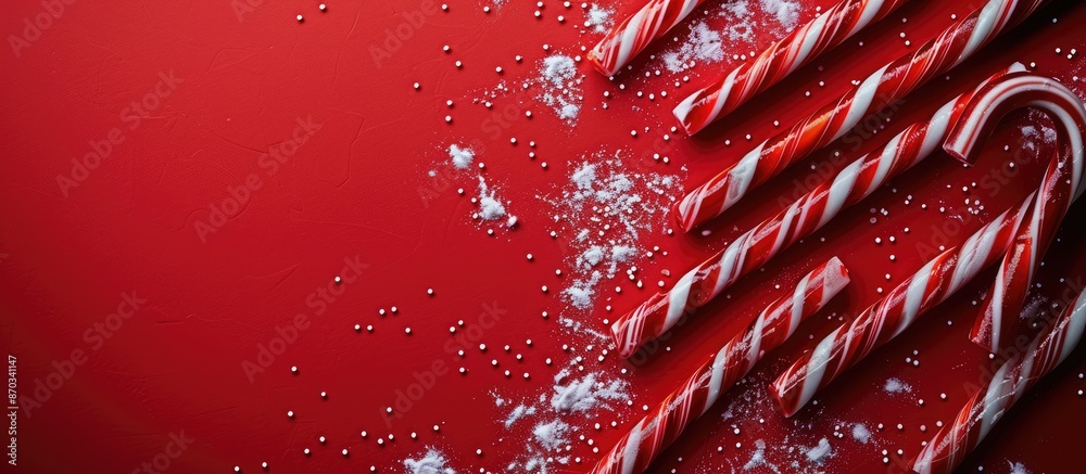 Poster christmas-themed red background showcasing caramel sugar canes for a festive and sweet concept. ampl