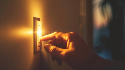 Close-up of a hand turning off a light switch in a softly lit room
