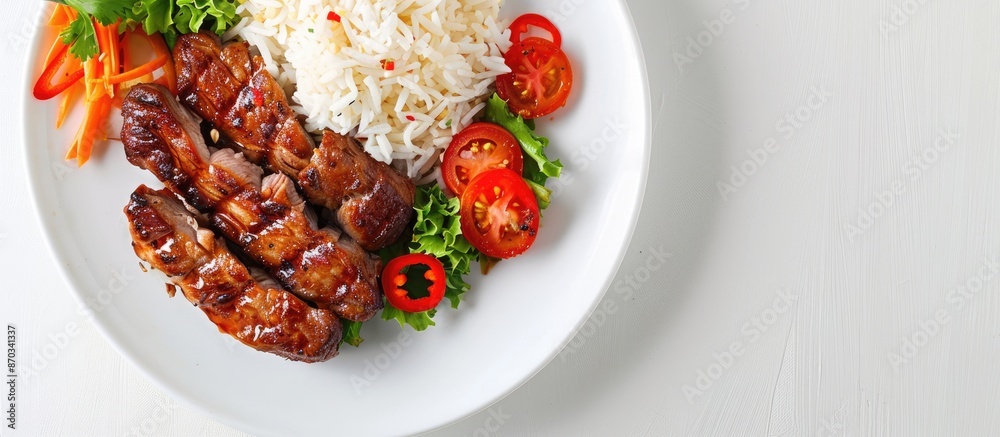 Fototapete grilled pork and jasmine rice on a white background plate, suitable for background purposes with ava
