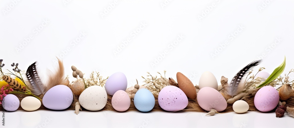 Poster Easter-themed border featuring a variety of eggs and feathers arranged on a white backdrop, creating a whimsical display with a copy space image.