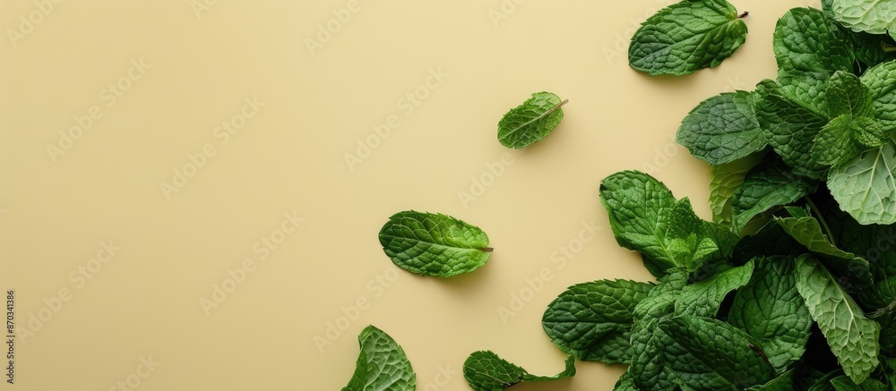 Leinwandbilder Top view of mint herbs on pastel background. Minimal raw herb concept design. with copy space image. Place for adding text or design