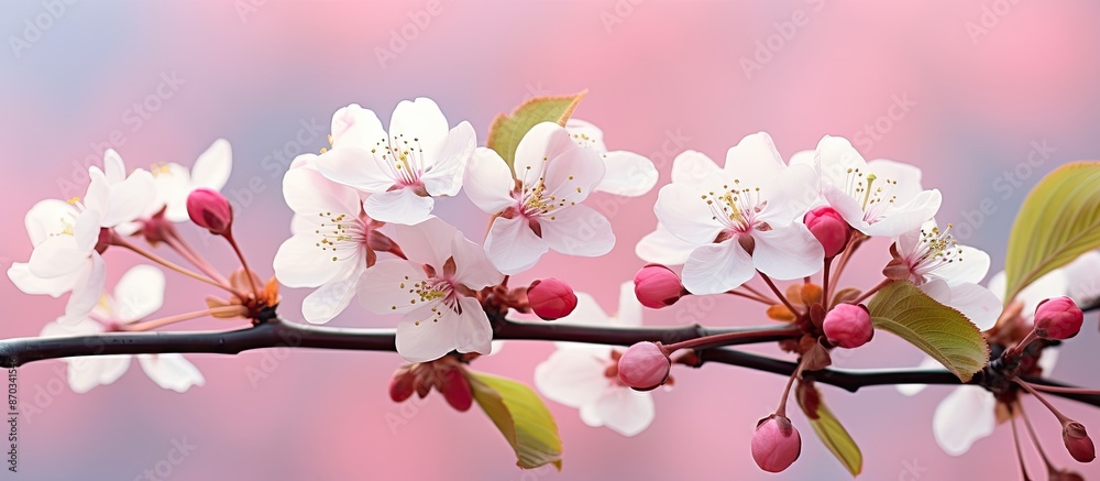 Poster Close-up view of blossoming apple tree flowers against a blurred backdrop, with room for copy space image