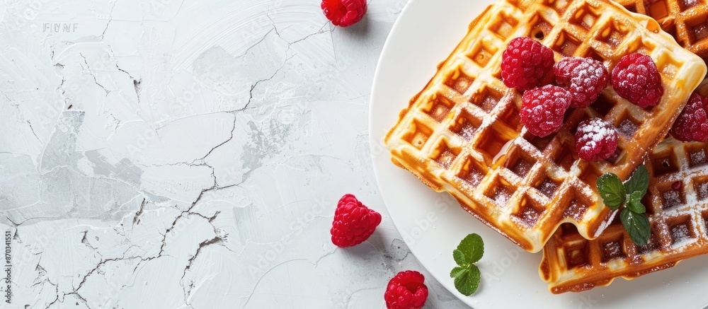 Poster A menu concept showcasing Belgian or American waffles as a delectable dessert snack, with a background view from the top and space for text inclusion in the image. with copy space image