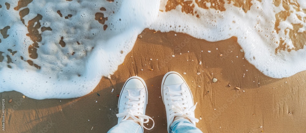 Aufkleber Aerial view of sneakers on sandy beach, with background for travel and adventure, featuring space for text or images. with copy space image. Place for adding text or design