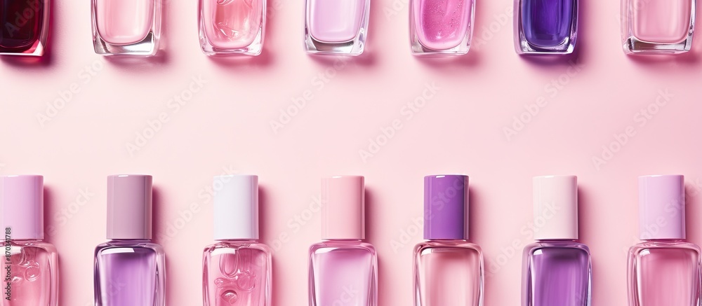 Aufkleber A pastel pink background with an array of vibrant nail polish bottles displayed in a flat lay arrangement with available copy space image.