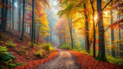 Fototapeta premium Mystical Autumn Forest With A Road Going Through It